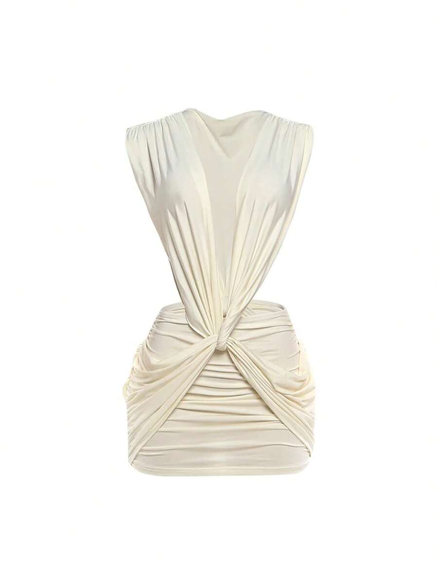 Vestido Sexy con Escote Profundo en V, Espalda Descubierta, Diseño Cruzado y Ajustado, Color Durazno, para Fiesta - Beis - Ver 1