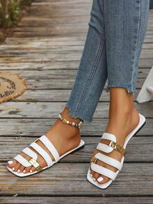 Women's Summer New Open Toe Flat Sandals With Gold Stripe Cutout Design, Navy Blue Color, Suitable Casual, Holiday, Daily Wear - Match With Dresses, Leggings, Casual Pants, Shorts, Skirts.Slip-On Snake Print Ladies Slippers, Suitable Spring, Summer, Autumn, Valentine's Day, Mother's Day, Festivals, Parties, Fashion, Elegant, Minimalist,, Cute, Vacation, Travel, Daily Matching, Beach Shoes - 白色 2 - 查看 4
