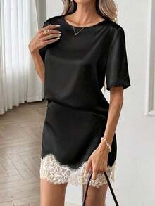 Crew Neck T-Shirt Top And Lace Patchwork A-Line Skirt Set, Silk Satin And Lace Patchwork Casual Loose Elegant Office Lady Style, Spring/Summer Women 2-Piece Set - Blanco y Negro - Ver 6