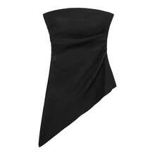 Top Corto Elegante sin Tirantes para Mujer, con Volantes Laterales y Dobladillo Asimétrico, Ideal para Vacaciones, Bodas y Eventos Nocturnos - Negro - Ver 5