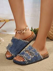 Flat Sandals, Colorful Fringed Edge Fabric Flat Beach Slippers, Summer - Navy Blue - View 4