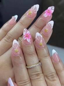 24片杏仁形3D凝膠美甲貼紙，附花卉圖案法式指尖，中長度，鑲嵌3D合金十字裝飾珍珠設計，適用於壓克力假指甲，含1張果凍貼紙片和1個指甲銼條 - 彩色 - 查看 3