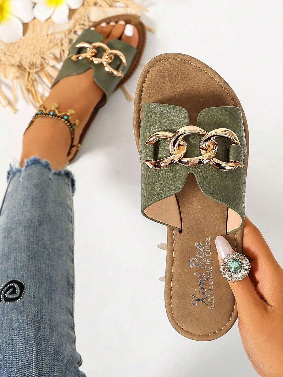 Ximi Ruo Korean Style Casual Flat Slippers For Women, Open Toe, Woven Roman Sandals, Suitable For Spring, Summer, Beach, Vacation, Pair With Dresses, Brown - Green - View 1