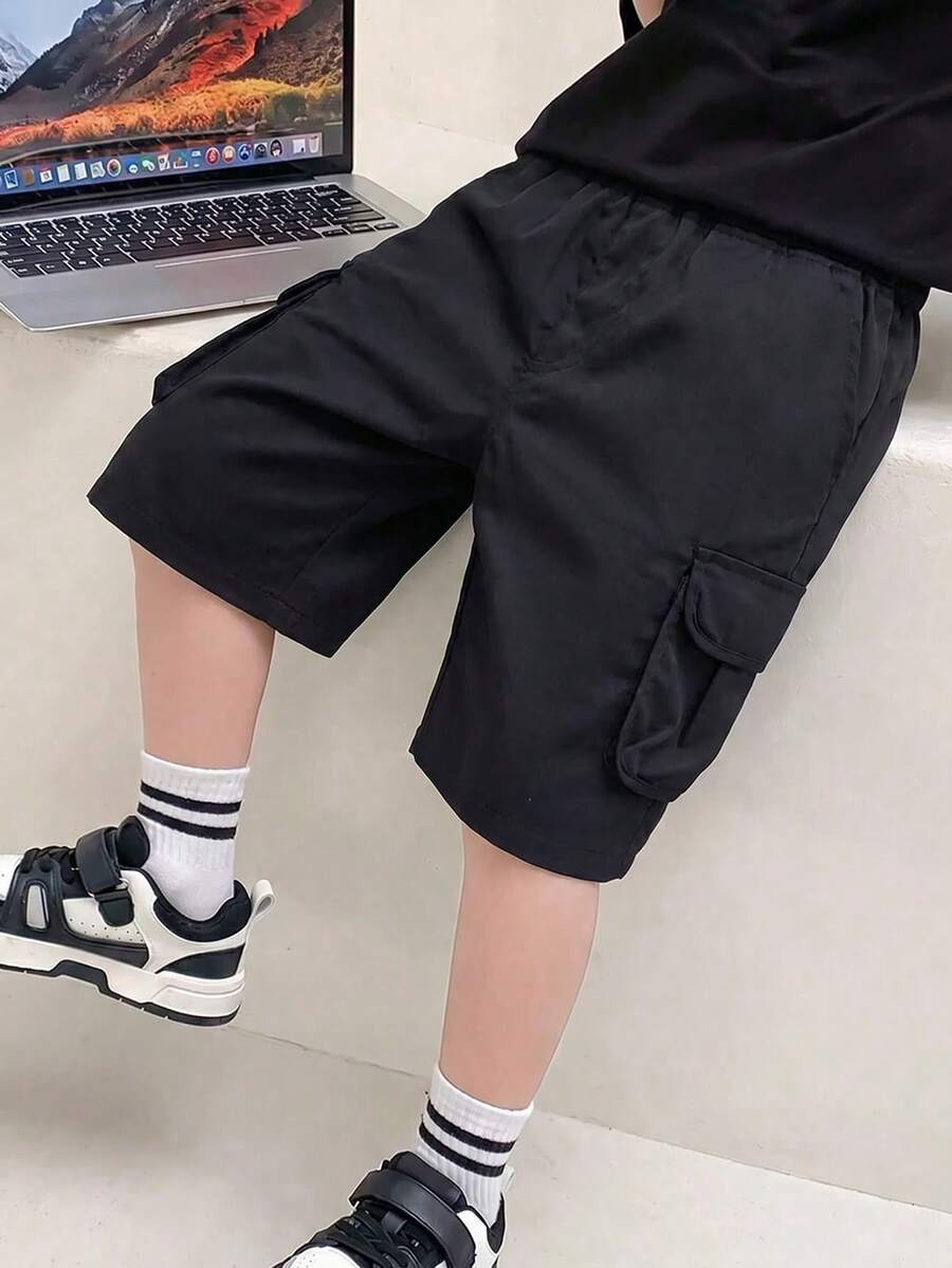 1 pièce Short décontracté ample avec poches pour garçons préadolescents, poches latérales, short cargo de sport, printemps/été/automne - Noir - Voir 1