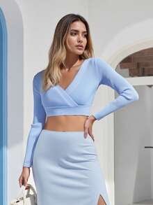 Women's Ribbed Knit Crop Tops, Long Sleeve Solid Color Cross Wrap Slim Fit T-Shirts - 藍色 - 查看 3