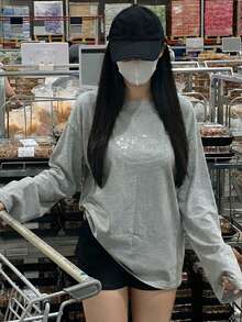 Kaos Wanita Kasual Lengan Panjang Leher Bulat Warna Polos dengan Hiasan Berlian Imitasi, Musim Semi/Gugur - Grey - View 2