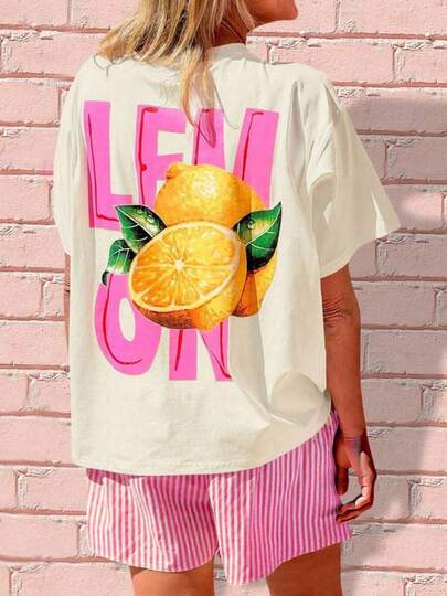 プラスサイズ レディース レモンフルーツ柄 サマービーチウェア カジュアル ラウンドネック 半袖 Tシャツ ホワイト