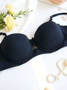 Solid Color Lace Sexy Women's Bra, Gather & Deep V, Comfortable Smooth B Cup Lingerie - Black - View 2