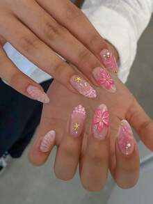 24pcs Almond Shaped 3D Gel False Nails, French Pointed Tip Design With Floral Decor, Medium 3D Metal Cross & Pearl Accent, Acrylic Nail Kit Includes 1 Sheet Jelly Sticker And 1 Nail File - Multicolor - View 8