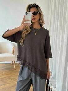 LUNE Camiseta casual de mujer con dobladillo asimétrico de encaje de unicolor, uso básico diario, blusa casual de primavera/verano para vacaciones de mujer, vacaciones de verano para mujer, primavera para mujer, vacaciones de primavera, top para ir a la playa - Multicolor 3 - Ver 8