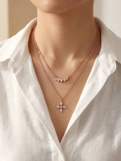 Set de 2 collares de estilo francés para mujer: Colgante de corazón y sonrisa con rhinestones + Colgante de cruz romántica vintage con iris, elemento de diamante en forma de corazón romántico y dulce, adecuado para uso diario, citas/fiestas o regalo para novia/mejor amiga