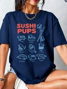 Sushi Pups Tshirt, Funny Dachshund Shirt, Japanese Cuisine Tshirt, Foodie Fift For Weiner Dog Mom, Gift For Her-Cozy Summer Essential & Casual Chic - 藏蓝色 - 查看 7