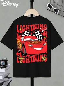 Disney Authorized Lightning McQueen With "Lighting" Letter Double-Sided Printed Children's T-Shirt Short Sleeved Casual Top For Boys And Girls - 黑色 - 查看 2