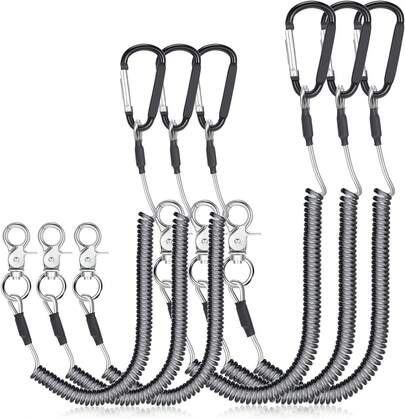 Woanger 6 Pack Fishing Lanyard Steel Wire Coiled Lanyard Tool Lanyards For Hand Tools Kayak Retractable Tool Leash Fishing Rod Safety Lanyards Gear With Alloy Clips For Pliers Boating
