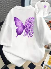 Short Sleeve Printed T-Shirt With Front And Back Patterns - Purple Butterfly, Floral Pattern - Fashion Women's Printed T-Shirt For Spring/Summer, Your Best Choice! - White - View 7