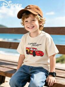 Disney Licensed Cars Lightning McQueen & Friends Character Collage Double-Sided Print Kids' T-Shirt, Short-Sleeved Casual Top, Cute Themed Printed Tee, Perfect For Daily Wear, School Activities, Family Outings, Theme Park Visits And Holiday Gifts, Shipped From Local Warehouse - Apricot - View 2