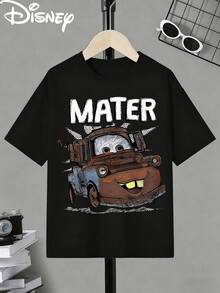 Disney Licensed Cars Tow Mater "MATER" Sketch Style Print Kids' T-Shirt, Short-Sleeved Casual Top, Cute Themed Printed Tee, Perfect For Daily Wear, School Activities, Family Outings, Theme Park Visits And Holiday Gifts, Shipped From Local Warehouse - Black - View 3