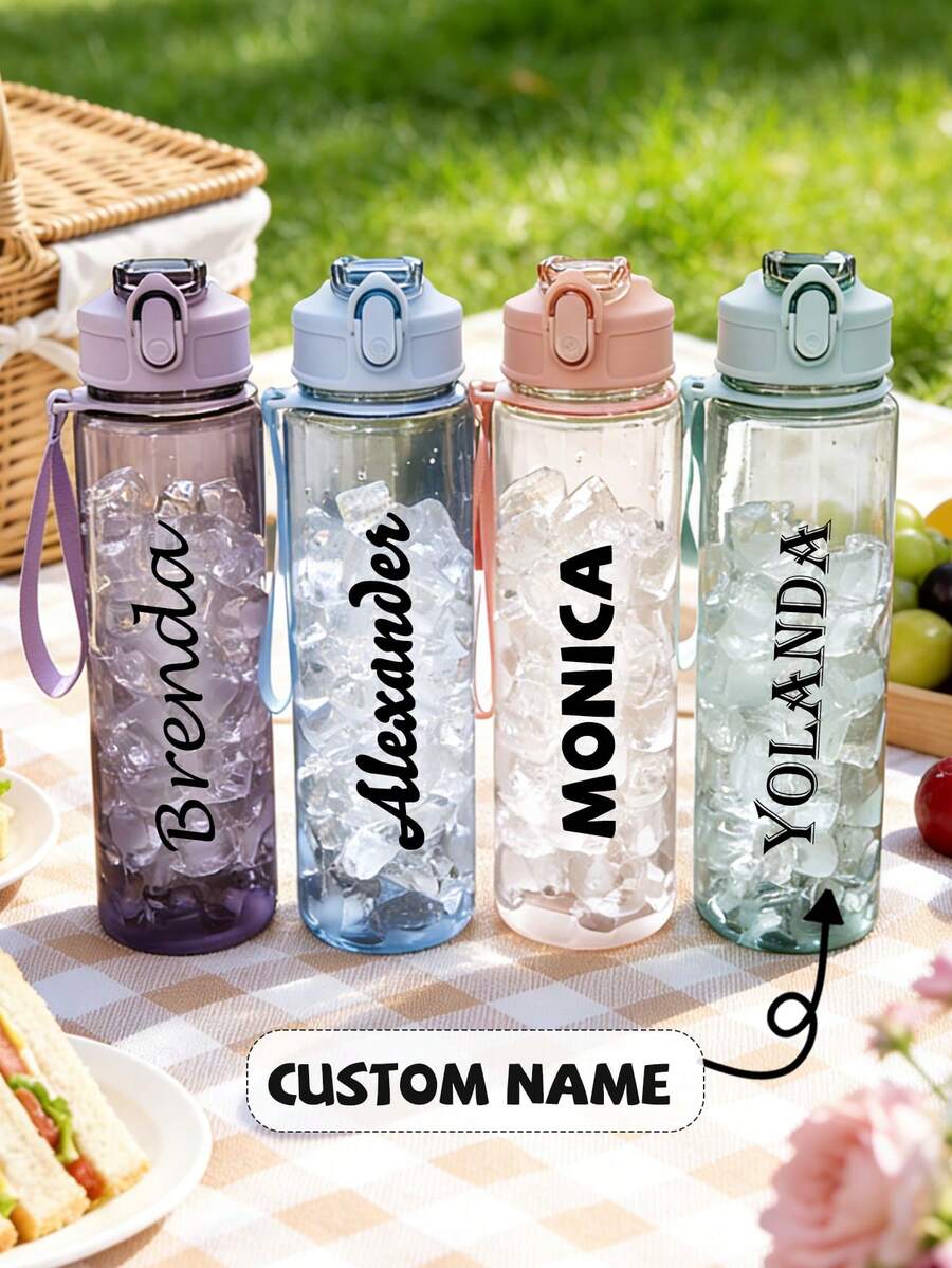 Customizable Name, 750ml Summer Water Bottle With Pure Text Pattern, Warm Water Bottle With Straw, Suitable For School, Sports, Home, Outdoor, Gift, Back To School, Personalized Gift, Dishwasher - Clear - View 1