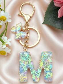 1pc Initial Letter Keychain With Cute Dog, Glitter Resin Pendant, Charming Butterfly Keyring, Gift - Baby Blue - View 2