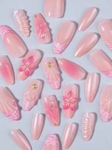 24pcs Almond Shaped 3D Gel False Nails, French Pointed Tip Design With Floral Decor, Medium 3D Metal Cross & Pearl Accent, Acrylic Nail Kit Includes 1 Sheet Jelly Sticker And 1 Nail File - Multicolor - View 4