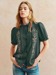 Blusa con bordados y volantes elegante para mujer uso diario - Verde Oscuro - Ver 3