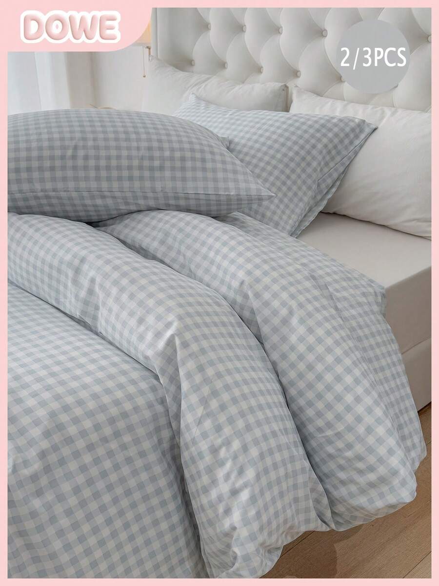 2/3pcs Bedding Set (1 Duvet Cover + 1/2 Pillowcase, Comforter Not Included), Minimalist Blue Plaid Print, Soft, Breathable Bedding Set, Suitable For Bedroom, Guest Room, Dormitory