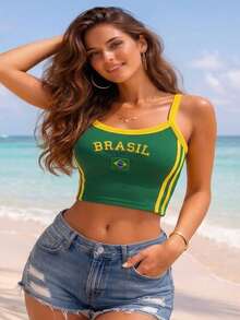 Brazil Women's Cropped Top For The 2026 World Cup – Stylish Ribbed Tank Top For Cheering In Comfort - Verde - Ver 2
