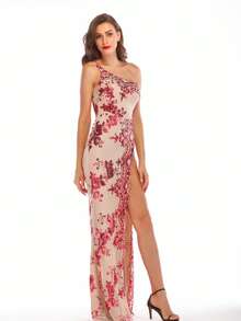 Vestido sensual de lentejuelas un hombro al descubierto espalda abierta para fiestas - Rojo - Ver 4