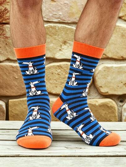 1 Pair Men's Funny Dog Print Mid-Calf Socks, Blue & Black Striped Contrast Orange Edge Casual Socks, Cartoon Dog Pattern Long Socks, Men's Versatile Mid-Calf Socks, Blue & Orange Striped Puppy Socks, Casual Mid-Calf Socks