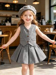 2pcs/Set Girls' Summer Collegiate Style Solid Color Cardigan Camisole V-Neck Sleeveless Vest Top + Gray Striped Simple Bow Pleated Skirt, Children Casual Outfit For Daily Wear, Outdoor, Vacation - Grey - View 2