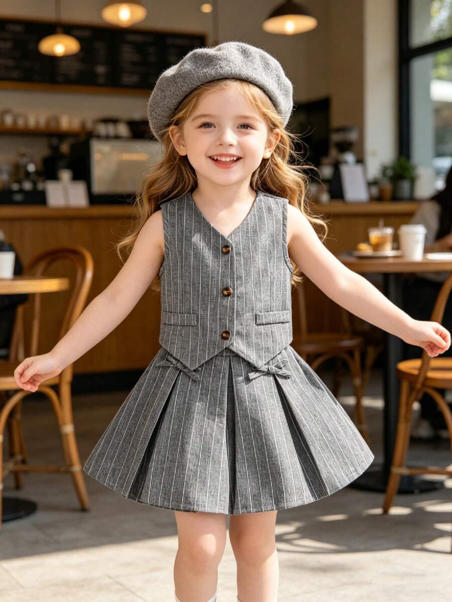 Bộ 2 món cho bé gái mùa hè, kiểu dáng sinh viên, áo cardigan hai dây cổ chữ V không tay màu trơn + chân váy xếp ly đơn giản kẻ sọc màu xám có nơ, trang phục thường ngày cho trẻ em, thích hợp cho hoạt động ngoài trời và nghỉ mát. - Xám - Xem 1