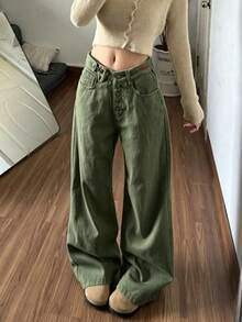 復古美式設計字母刺繡寬鬆休閒寬腿喇叭牛仔褲 秋季 - 軍綠色 - 查看 1