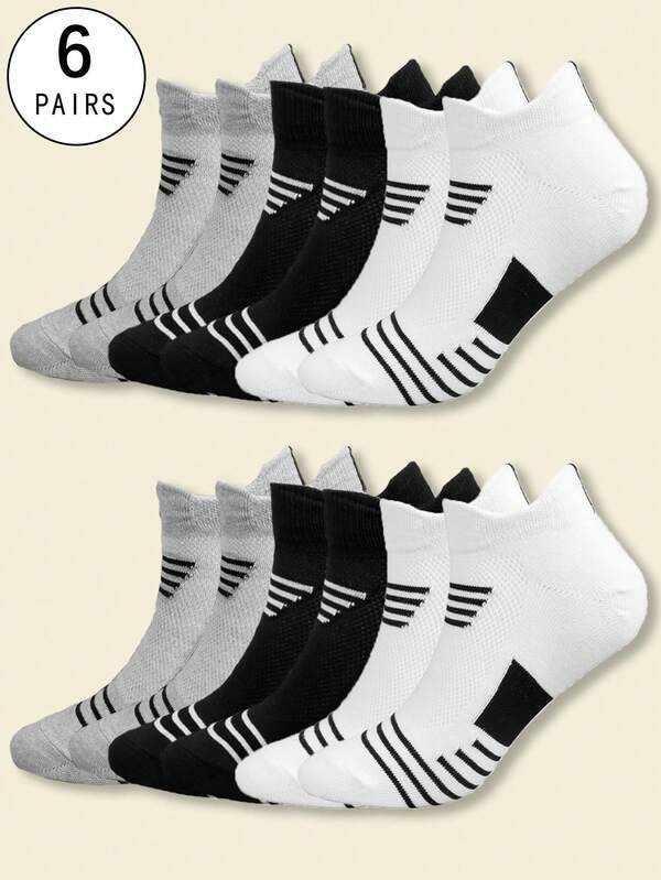 6 Pairs Men's Socks, Summer Minimalist Striped Design, Breathable Mid-Calf Socks Suitable For Daily Or Outdoor Casual Wear