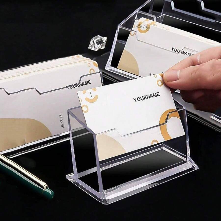 1pc Transparent ABS Material Business Card Storage Box, Office Desk Front Desk Business Card Holder, Seat Position Transparent Business Card Display Rack Storage Box, Transparent Business Card Box - View 1
