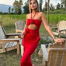Moda 3D Floral espalda descubierta Halter recortado vestido largo mujer ahuecado sólido Sexy ceñido al cuerpo vestido de verano Club ropa de fiesta 2025 - Rojo - Ver 2