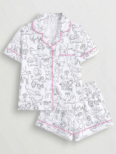 2 piezas Conjunto de ropa de dormir casual para mujer, primavera/verano, camisa de manga corta con cuello cómoda para exteriores con estampado de línea de perro y pantalones cortos de cintura elástica, adecuado para estar en casa, fiestas y uso diario