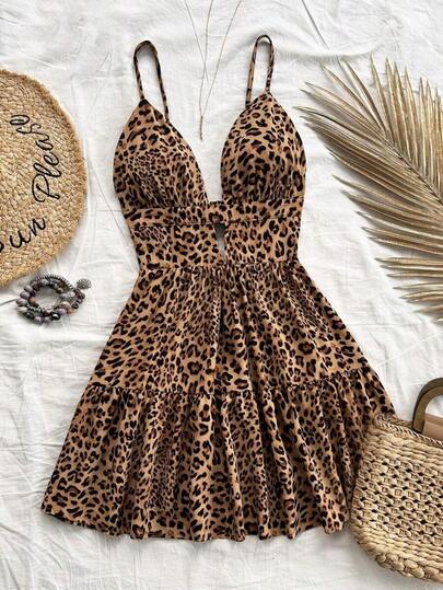 Women Summer Floral Leopard Print Backless Cami Dress With Layered Hem Waist Detail Vacation Outfit Lightweight Breathable Sleeveless Dress For Beach Party Travel