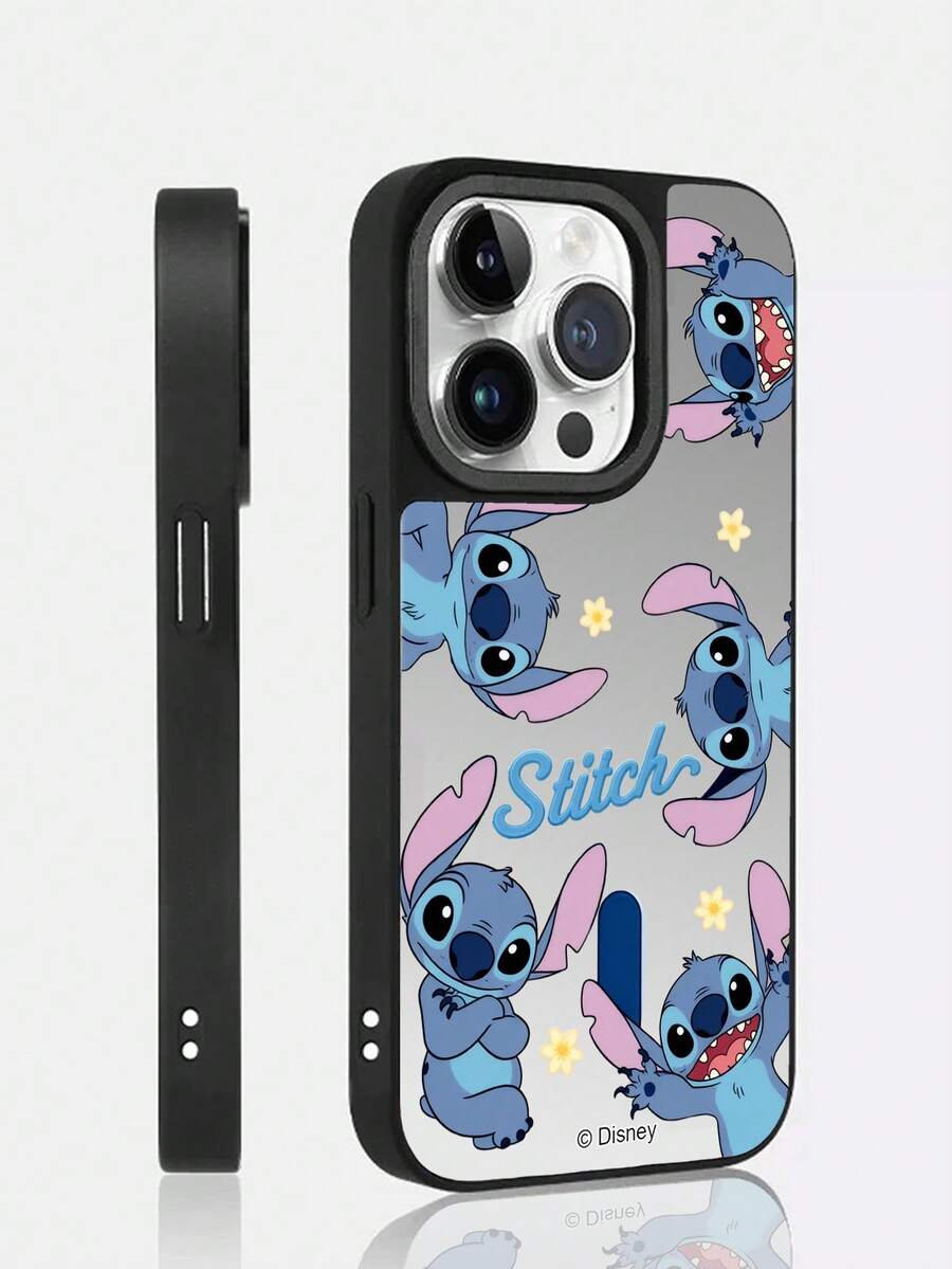 1pc New Self-Contained Mirror Effect, Convenient Makeup, Creative Raised Camera Protection, Unique Acrylic Disney Stitch Repeating Pattern Minimalist Style Cartoon Phone Case, Thick Anti-Fall Protective Cover For IPhone 17 Pro Max/17 Pro/17/Air/16/15/14/13/14 Plus/12 Pro Max/12 Pro/12/11 Series - Silver - View 1