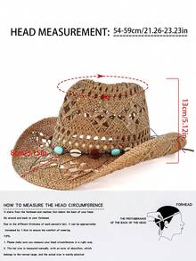 1pc Unisex Gemstone Decor Western Cowboy Hat, Hollow Print Straw Hat, Spring/Summer Travel Sun Beach Hat, Casual Sun Hat (After Receiving The Product, If The Brim Is Deformed, It Needs To Be Manually Adjusted Back) - C - View 3