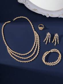 5 piezas Conjunto de joyería de collar de varios niveles de lujo. Material: Cobre y Circonita, incluye collar, anillo, aretes, pulsera. Adecuado para banquetes de señoras, bodas, estilo de Medio Oriente y Europeo, regalo del Día de San Valentín - Dorado - Ver 5