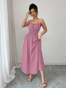 Vestido de lino con nudo en el frente, plisado en la cintura y sin mangas, color café claro, cómodo y casual, para primavera y verano - Rosa - Ver 4