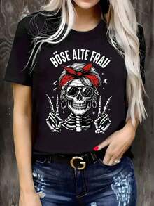 Short-Sleeved T-Shirt With Round Neck And Skeleton Print, Comfortable For Spring/Summer GMPQ - Black - View 2