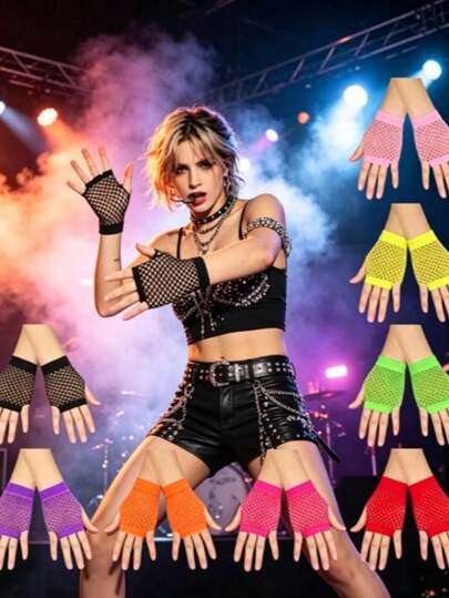 1 Pair Women's Short Mesh Gloves, Suitable For Nightclub And Punk Style Events. Available In Multiple Colors And Styles, Featuring Sexy And Stretchy Mesh Design. Ideal For Wearing At Parties, A Great Gift To Add Festive Atmosphere. These Gloves Are Also Elegant, Suitable For Girls Aged 8-16 Wearing Western-Style Outfits.