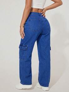 Pantalon wide leg tipo cargo de dama de mezclilla stretch holgado y comodo | Jean para mujer de pierna ancha con bolsillos laterales y algodon elastico premium diseño urbano y suave | Pantalon vaquero moderno de caida fluida con tecnologia de estiramiento y acabado de alta calidad tallas 3 5 7 9 11 13 15 | Ropa de mujer resistente y flexible ideal para oficina o uso diario mas de 10 lavados disponibles | Jean de mezclilla funcional con costuras reforzadas y ajuste perfecto para dama - Azul - Ver 3
