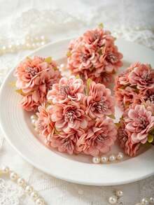 1pc (6 Heads) Mini Artificial Carnation Silk Pom Pom Flower Headpiece Fake Plant Autumn Wedding Candy Box Decoration Vase Home Restaurant Bedroom Decor Holiday Birthday Party Outdoor Garden Decoration - Red Bean Paste Powder - View 5