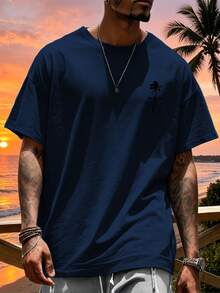 男士大尺碼夏季棕櫚樹印花圓領短袖休閒T恤，適合夏季陽光沙灘度假與旅行 - 寶藍色 - 查看 2