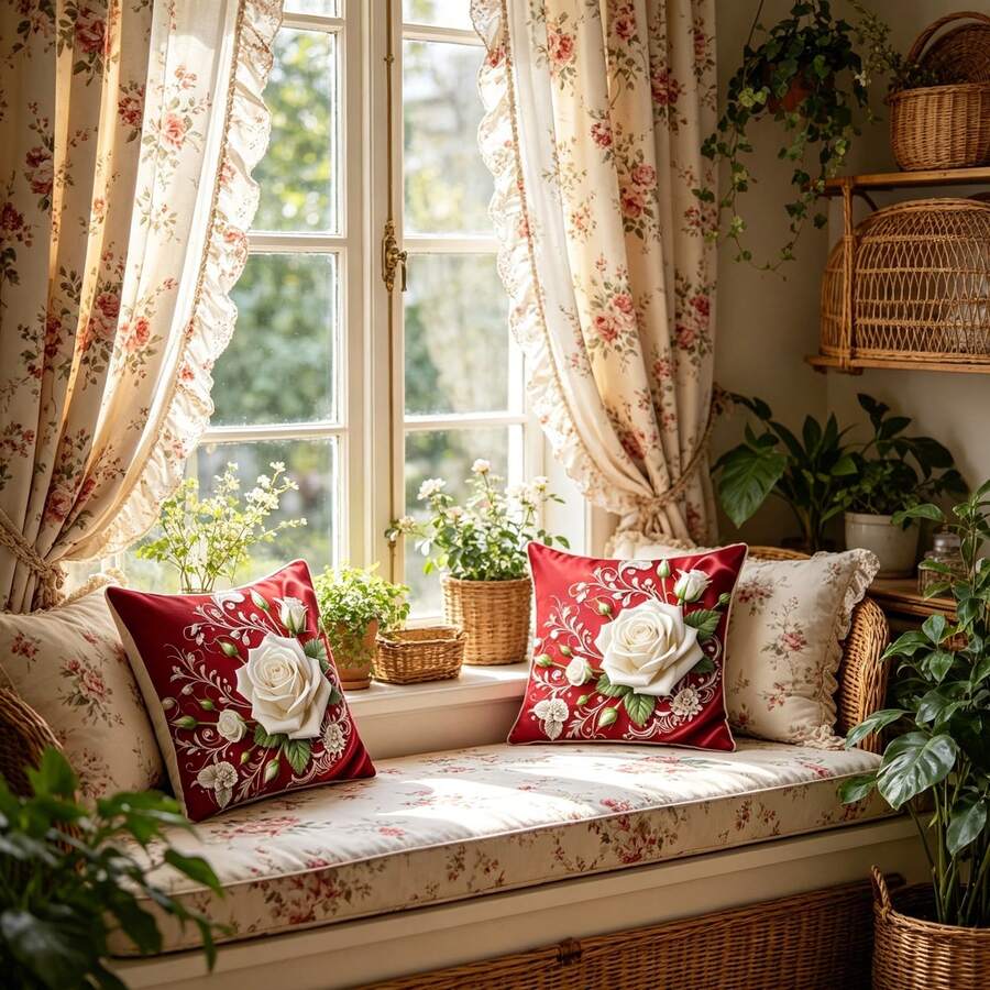 4pcs Rose Pattern Throw Pillow Covers, Single-Sided Printing, Size 17.7*17.7 Inches, Romantic Floral Design, Suitable For Sofa, Bedroom And Home Decor, Applicable For Various Festivals, Pillow Inserts Not Included - Multicolor - View 1