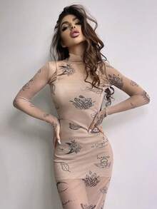 Vestido Bodycon de malla para mujer, vestido Midi estampado, traje de Club nocturno, transparente, vestidos de manga larga, Vintage, Sexy, nuevo en conjuntos a juego - Blanco cremoso - Ver 2