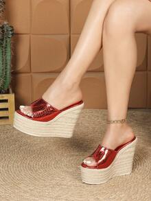 Sandal Hak Tinggi Wanita, Gaya Bohemian, Bahan Anyaman Jerami, Penutup Gesper Tali Pergelangan Kaki, Desain Ujung dan Tumit Terbuka, Platform Wedges Ujung Bulat Klasik, Sol Tali, Gaya Musim Panas untuk Aktivitas Luar Ruangan, Sandal Pantai Seksi Warna Aprikot Reguler - Merah - View 2