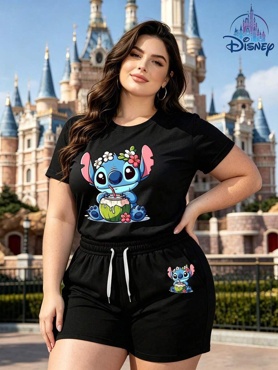 Disney Official Licensed | Lilo & Stitch Stitch Coconut Drink Print Women's Casual Short Sleeve T-Shirt & Shorts Set - Fresh Tropical Style, Soft Breathable Fabric, Crew Neck, Ideal For Vacation, Travel & Daily Casual Wear - 黑色 - 查看 1